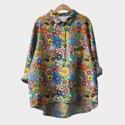 Blusa de Lino Floral Sin Esfuerzo para Mujeres con Cuello, Manga Larga, Botones Frontal, Estilo Relajado de Alto y Bajo