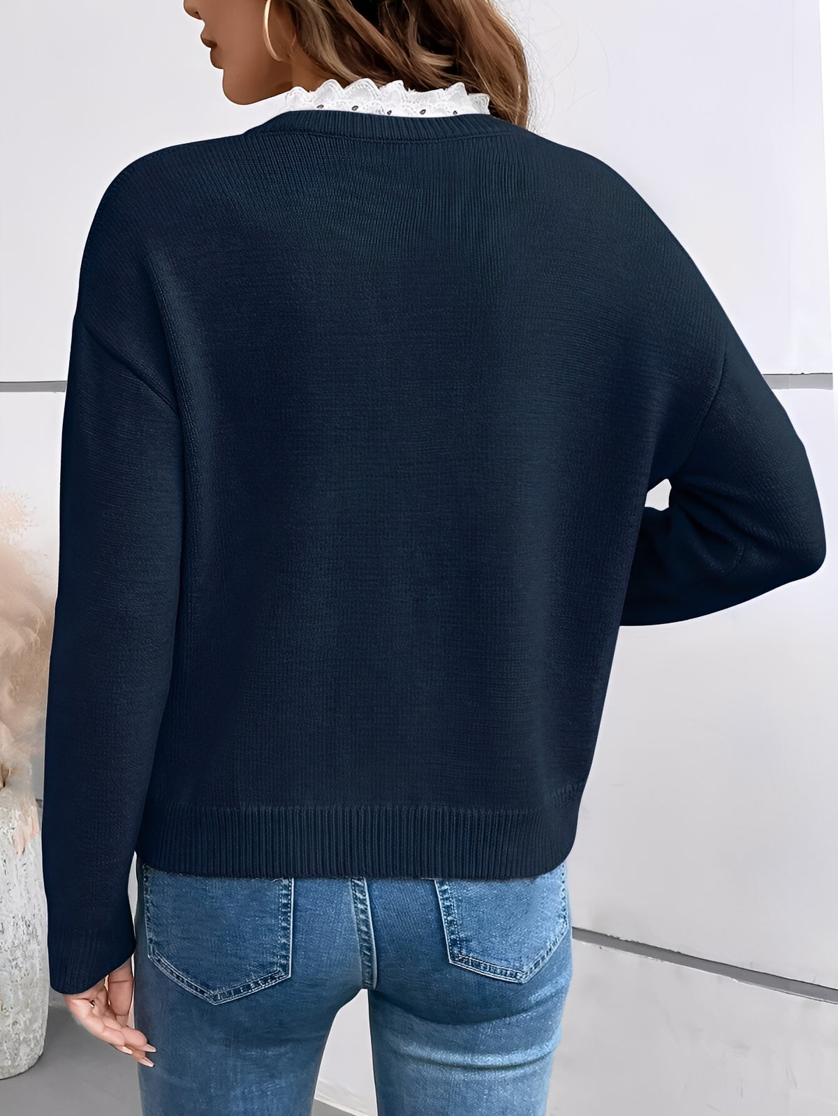 Suéter Cómodo con Encaje para Mujeres con Cuello en V y Mangas Largas, Estilo Oversized