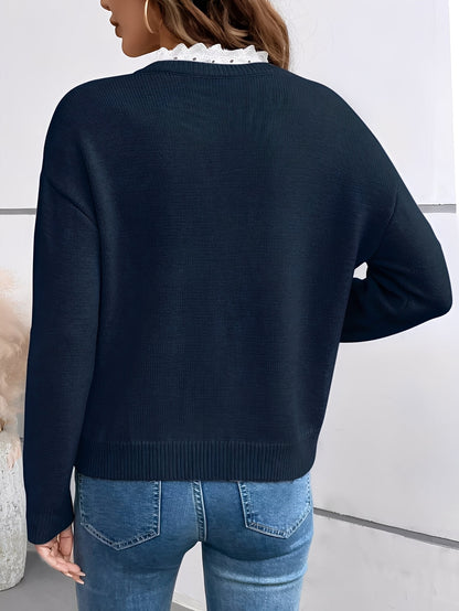 Suéter Cómodo con Encaje para Mujeres con Cuello en V y Mangas Largas, Estilo Oversized