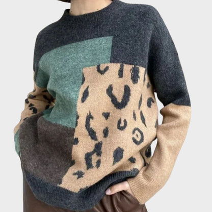 Suéter Cómodo de Leopardo en Color Block para Mujeres con Cuello Redondo, Manga Larga y Estilo Relajado Oversized