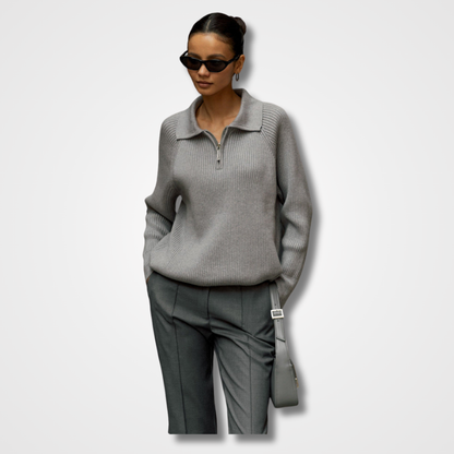Suéter de Media Cremallera de Punto Acanalado Cómodo para Mujeres con Cuello de Manga Larga Estilo Relajado y Oversized