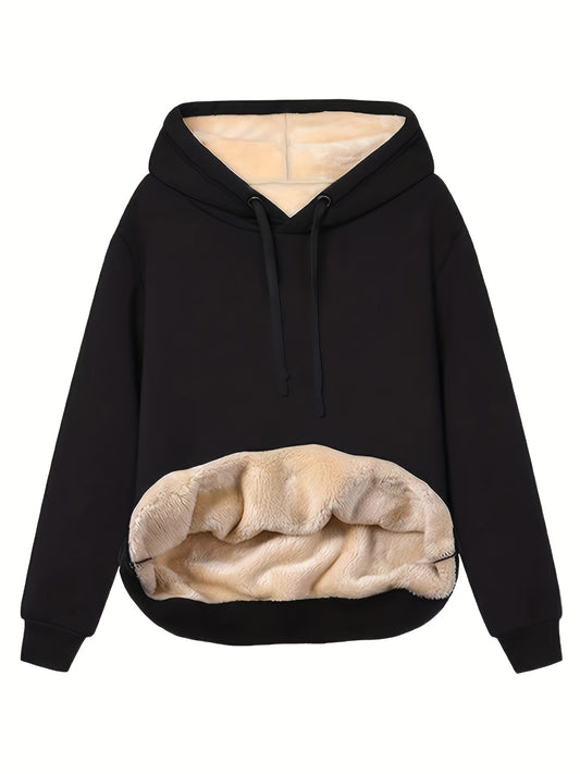 Sudadera cómoda con forro de sherpa para mujeres con capucha ajustable, manga larga y bolsillo canguro, estilo de punto oversized