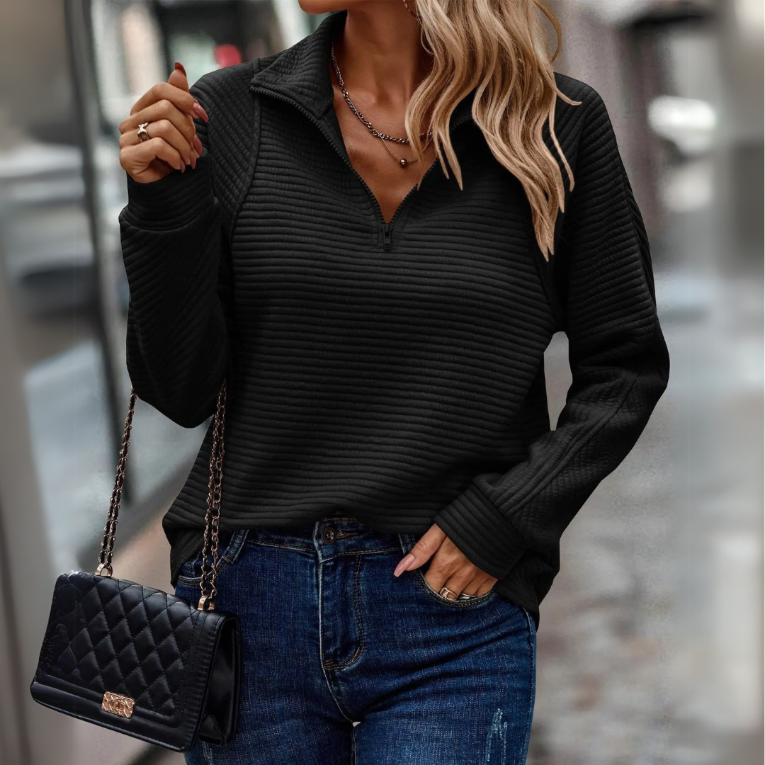 Suéter de Cuello Alto de Punto Acanalado Cómodo para Mujeres con Cremallera de Cuarto de Manga Larga Estilo Relajado y Oversized