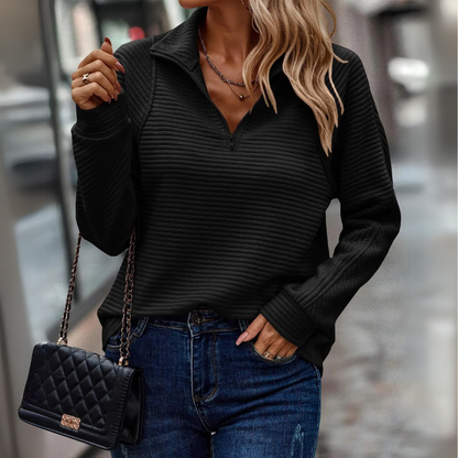 Suéter de Cuello Alto de Punto Acanalado Cómodo para Mujeres con Cremallera de Cuarto de Manga Larga Estilo Relajado y Oversized