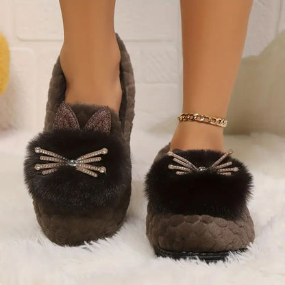 Zapatos de Casa Elegantes para Mujeres con Parte Superior de Piel Sintética, Lazo de Strass y Punta Redonda, Estilo Slip On