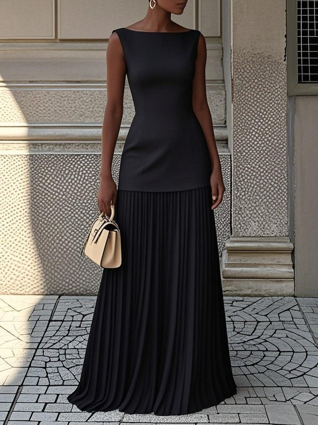 Vestido Maxi Plisado Elegante para Mujeres con Escote Barco, Sin Mangas, Cuerpo Ajustado y Estilo Fluido