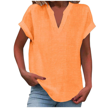 Blusa de Lino Sin Esfuerzo para Mujeres con Cuello en V, Manga Corta y Dobladillo Curvado, Estilo Casual