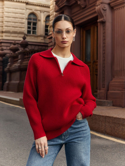 Suéter de Media Cremallera de Punto Acanalado Cómodo para Mujeres con Cuello de Manga Larga Estilo Relajado y Oversized