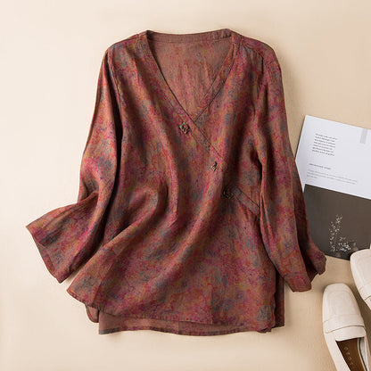 Blusa de Lino Impresa sin Esfuerzo para Mujeres con Cuello en V, Mangas de Campana y Botones en la Parte Frontal, Estilo Relajado