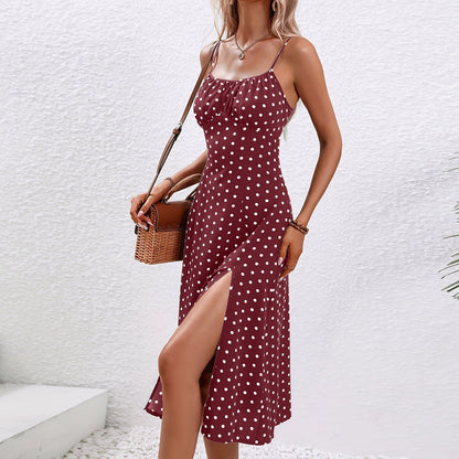 Vestido Midi de Lunares para Mujeres con Escote Redondeado, Tirantes de Espagueti y Corte Cuerpo Ajustado