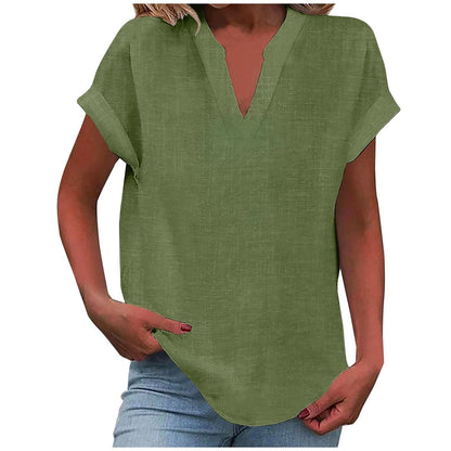 Blusa de Lino Sin Esfuerzo para Mujeres con Cuello en V, Manga Corta y Dobladillo Curvado, Estilo Casual