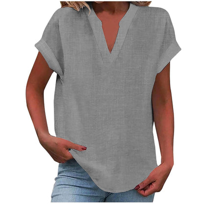 Blusa de Lino Sin Esfuerzo para Mujeres con Cuello en V, Manga Corta y Dobladillo Curvado, Estilo Casual