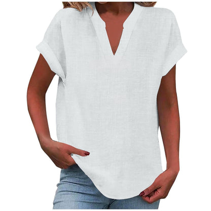 Blusa de Lino Sin Esfuerzo para Mujeres con Cuello en V, Manga Corta y Dobladillo Curvado, Estilo Casual
