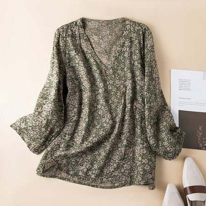 Blusa de Lino Impresa sin Esfuerzo para Mujeres con Cuello en V, Mangas de Campana y Botones en la Parte Frontal, Estilo Relajado