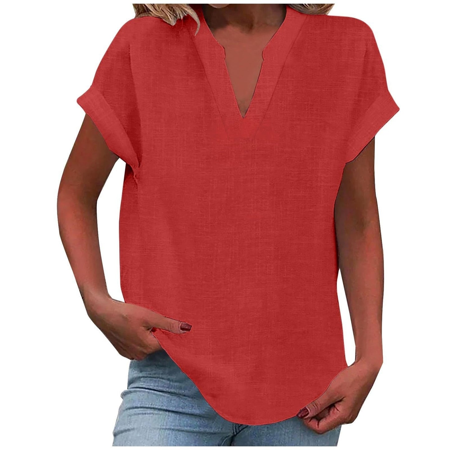 Blusa de Lino Sin Esfuerzo para Mujeres con Cuello en V, Manga Corta y Dobladillo Curvado, Estilo Casual