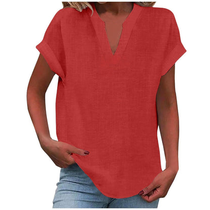 Blusa de Lino Sin Esfuerzo para Mujeres con Cuello en V, Manga Corta y Dobladillo Curvado, Estilo Casual