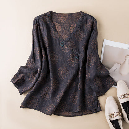 Blusa de Lino Impresa sin Esfuerzo para Mujeres con Cuello en V, Mangas de Campana y Botones en la Parte Frontal, Estilo Relajado
