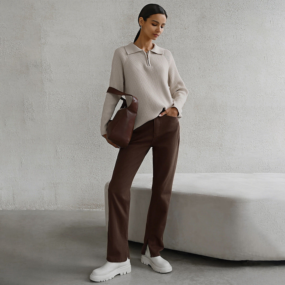 Suéter de Media Cremallera de Punto Acanalado Cómodo para Mujeres con Cuello de Manga Larga Estilo Relajado y Oversized