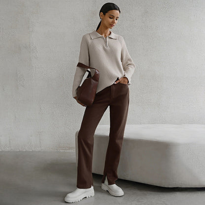 Suéter de Media Cremallera de Punto Acanalado Cómodo para Mujeres con Cuello de Manga Larga Estilo Relajado y Oversized