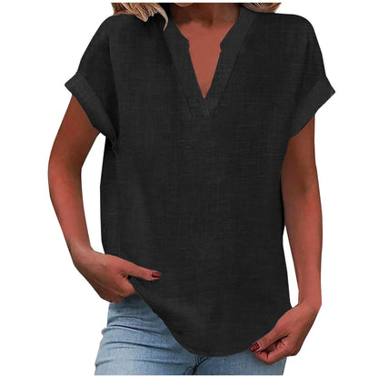 Blusa de Lino Sin Esfuerzo para Mujeres con Cuello en V, Manga Corta y Dobladillo Curvado, Estilo Casual