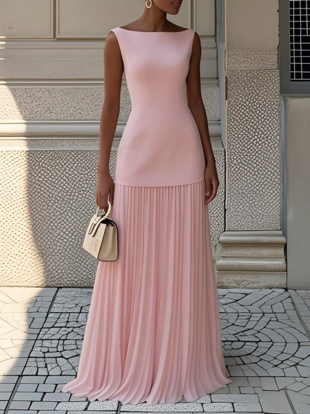 Vestido Maxi Plisado Elegante para Mujeres con Escote Barco, Sin Mangas, Cuerpo Ajustado y Estilo Fluido