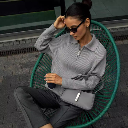 Suéter de Media Cremallera de Punto Acanalado Cómodo para Mujeres con Cuello de Manga Larga Estilo Relajado y Oversized