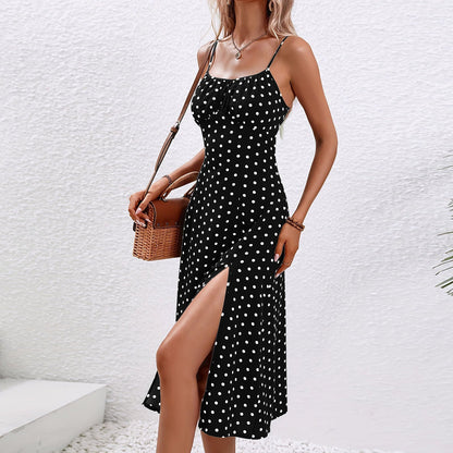 Vestido Midi de Lunares para Mujeres con Escote Redondeado, Tirantes de Espagueti y Corte Cuerpo Ajustado