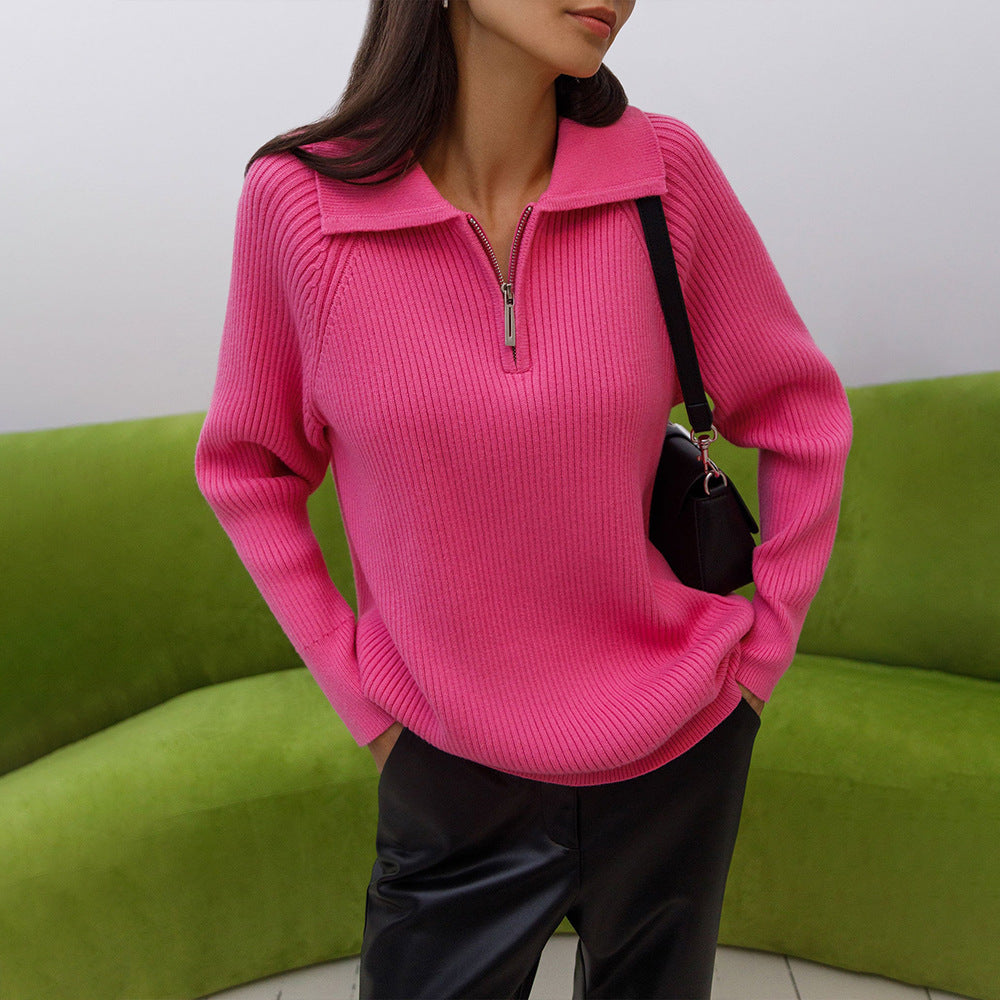 Suéter de Media Cremallera de Punto Acanalado Cómodo para Mujeres con Cuello de Manga Larga Estilo Relajado y Oversized