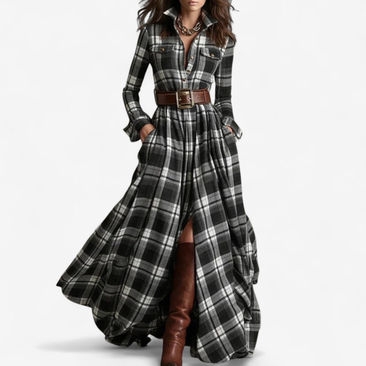 Vestido Camisero Maxi a Cuadros Sin Esfuerzo para Mujeres con Cuello, Manga Larga y Cinturón en Estilo Fluido