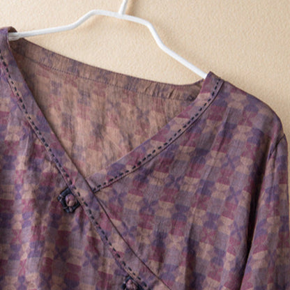 Blusa de Lino Impresa sin Esfuerzo para Mujeres con Cuello en V, Mangas de Campana y Botones en la Parte Frontal, Estilo Relajado