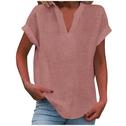 Blusa de Lino Sin Esfuerzo para Mujeres con Cuello en V, Manga Corta y Dobladillo Curvado, Estilo Casual