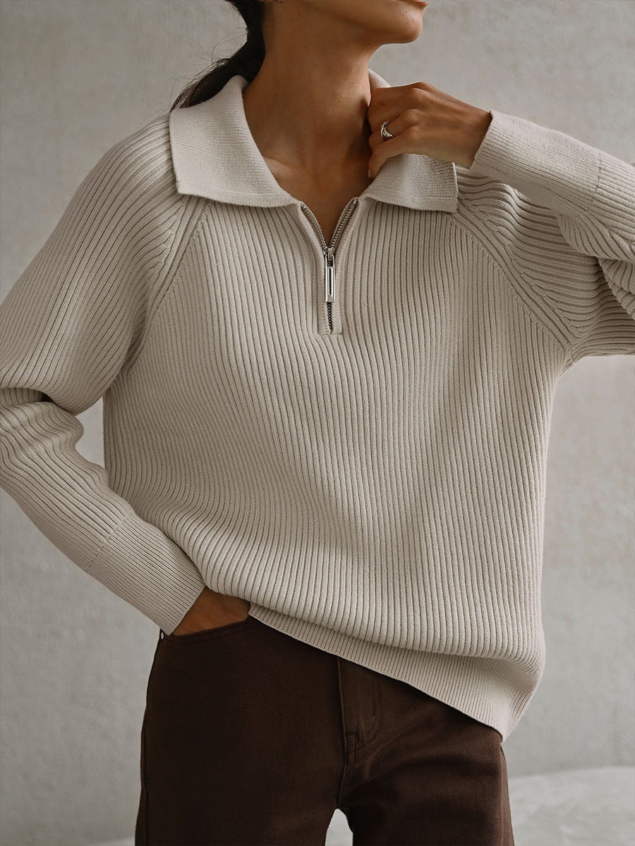 Suéter de Media Cremallera de Punto Acanalado Cómodo para Mujeres con Cuello de Manga Larga Estilo Relajado y Oversized
