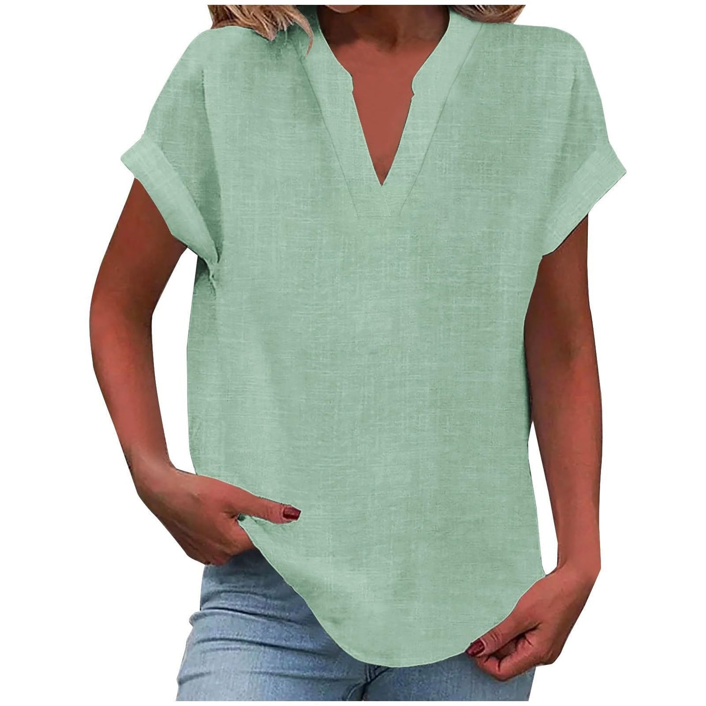 Blusa de Lino Sin Esfuerzo para Mujeres con Cuello en V, Manga Corta y Dobladillo Curvado, Estilo Casual
