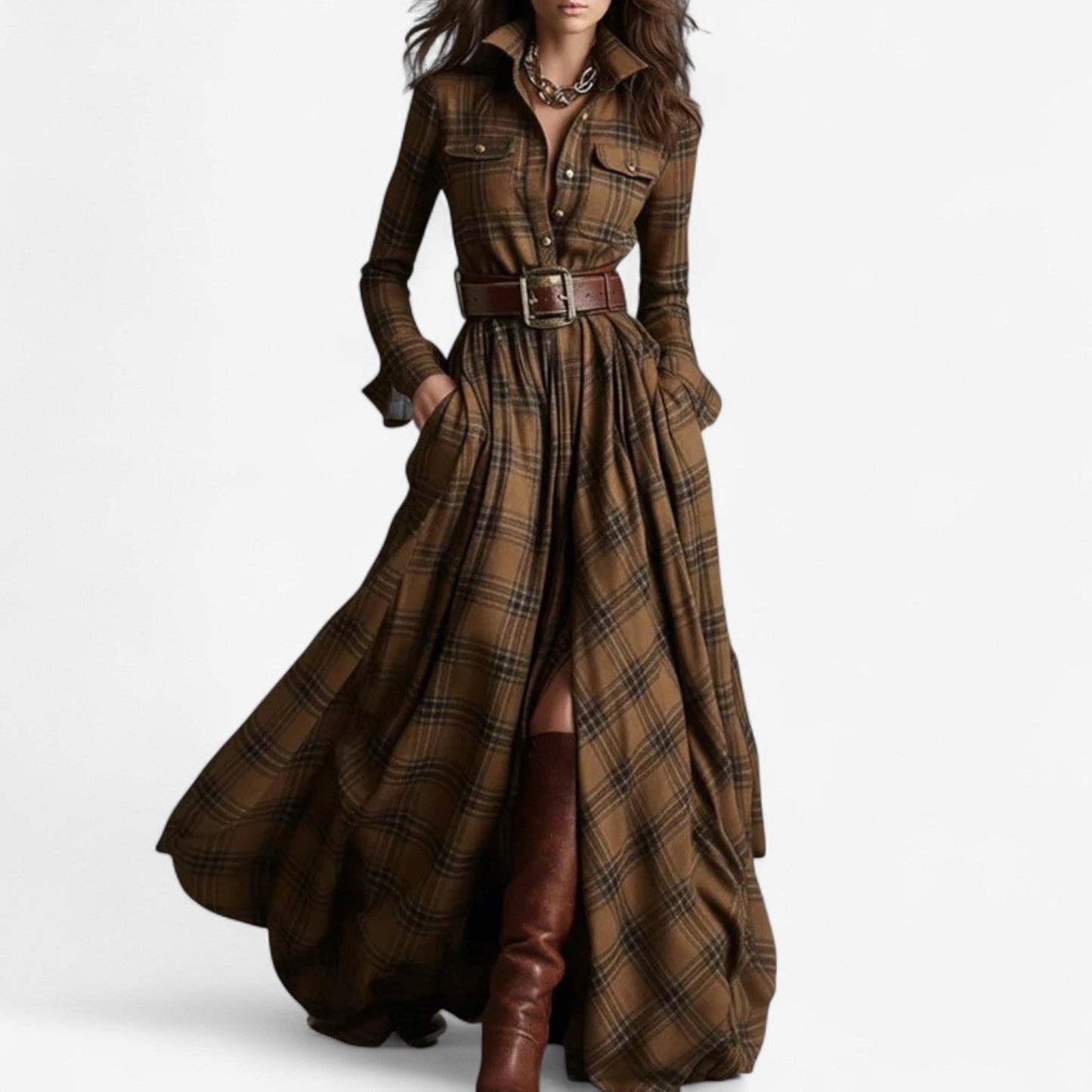 Vestido Camisero Maxi a Cuadros Sin Esfuerzo para Mujeres con Cuello, Manga Larga y Cinturón en Estilo Fluido