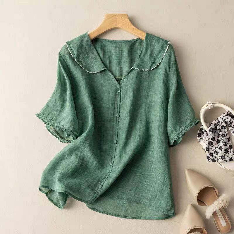 Blusa de Lino Sin Esfuerzo para Mujeres con Cuello de V en Volantes y Estilo Casual