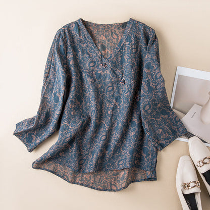 Blusa de Lino Impresa sin Esfuerzo para Mujeres con Cuello en V, Mangas de Campana y Botones en la Parte Frontal, Estilo Relajado
