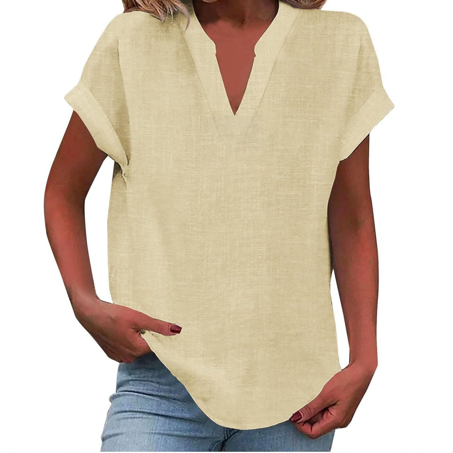 Blusa de Lino Sin Esfuerzo para Mujeres con Cuello en V, Manga Corta y Dobladillo Curvado, Estilo Casual