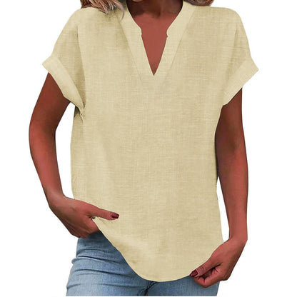 Blusa de Lino Sin Esfuerzo para Mujeres con Cuello en V, Manga Corta y Dobladillo Curvado, Estilo Casual