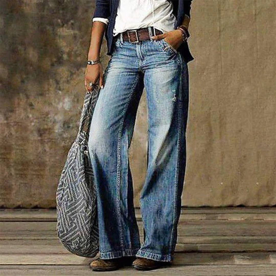 Jeans de Pierna Ancha Azul Sin Esfuerzo para Mujeres con Cintura Alta y Pasadores Estilo Bohemio Relajado