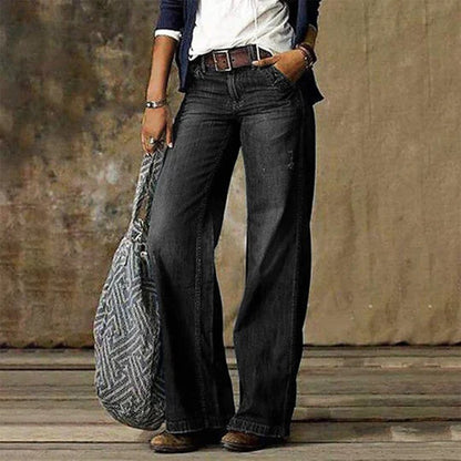 Jeans de Pierna Ancha Azul Sin Esfuerzo para Mujeres con Cintura Alta y Pasadores Estilo Bohemio Relajado