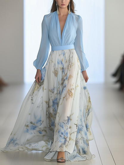 Elegante Vestido Maxi Floral Azul para Mujeres con Escote en V y Mangas Obispo, Estilo de Invitada de Boda Fluyente