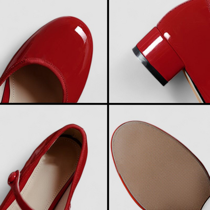 Elegante Zapato de Charol Mary Jane para Mujeres con Punta Redonda, Correa en el Tobillo y Tacón de Bloque