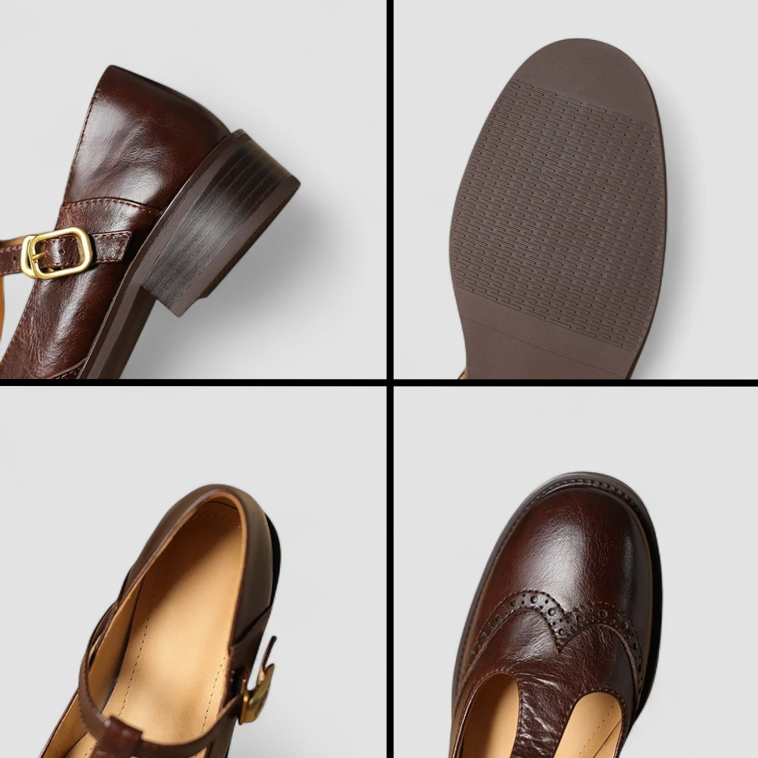 Zapato Mary Jane de Cuero Elegante para Mujeres con T Strap, Hebilla y Estilo Brogue con Punta de Ala