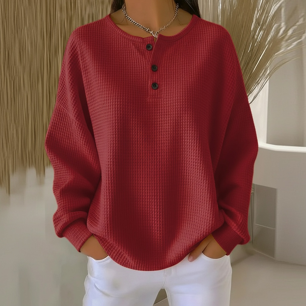 Suéter de Punto Waffle Cómodo para Mujeres con Cuello Redondo, Manga Larga, Placket de Botones, Estilo Oversized y Relajado