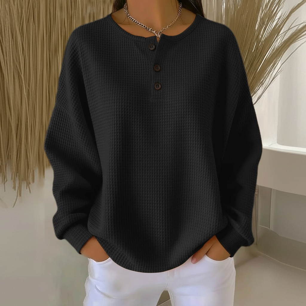 Camiseta Henley de Tejido Waffle Cómoda para Mujeres con Cuello Redondo, Manga Larga, Placket de Botones y Estilo Oversized Relajado