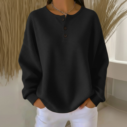 Camiseta Henley de Tejido Waffle Cómoda para Mujeres con Cuello Redondo, Manga Larga, Placket de Botones y Estilo Oversized Relajado