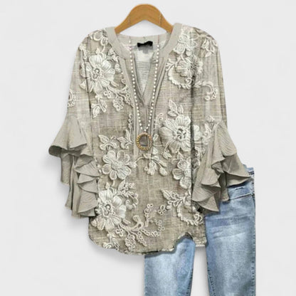 Blusa Floral Sin Esfuerzo para Mujeres con Escote en V, Manga de Campana y Volantes, Estilo Bohemio