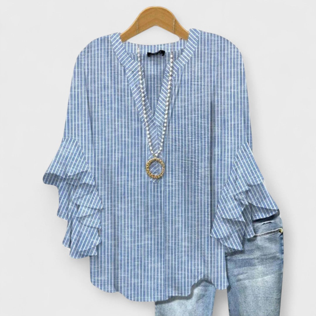 Blusa Floral Sin Esfuerzo para Mujeres con Escote en V, Manga de Campana y Volantes, Estilo Bohemio