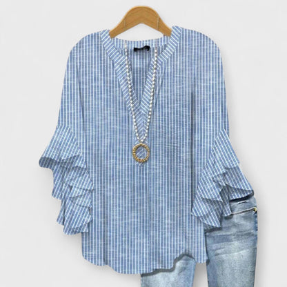 Blusa Floral Sin Esfuerzo para Mujeres con Escote en V, Manga de Campana y Volantes, Estilo Bohemio