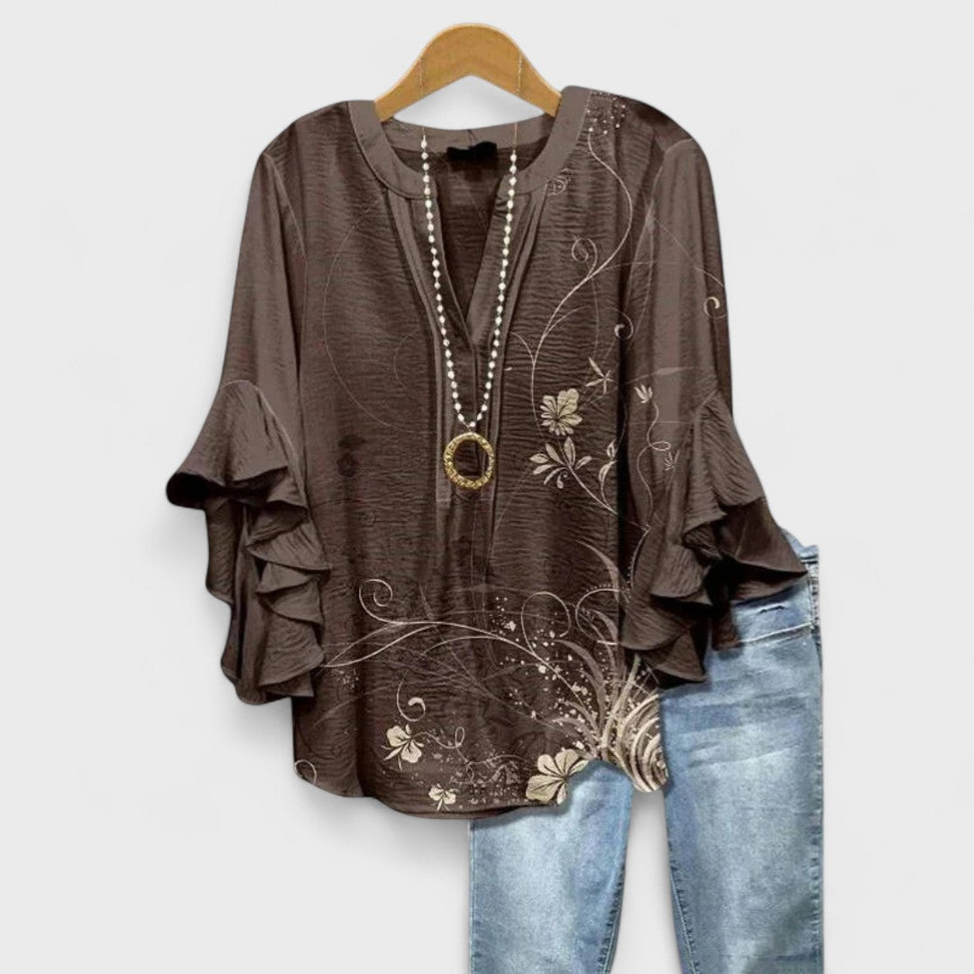 Blusa Floral Sin Esfuerzo para Mujeres con Escote en V, Manga de Campana y Volantes, Estilo Bohemio